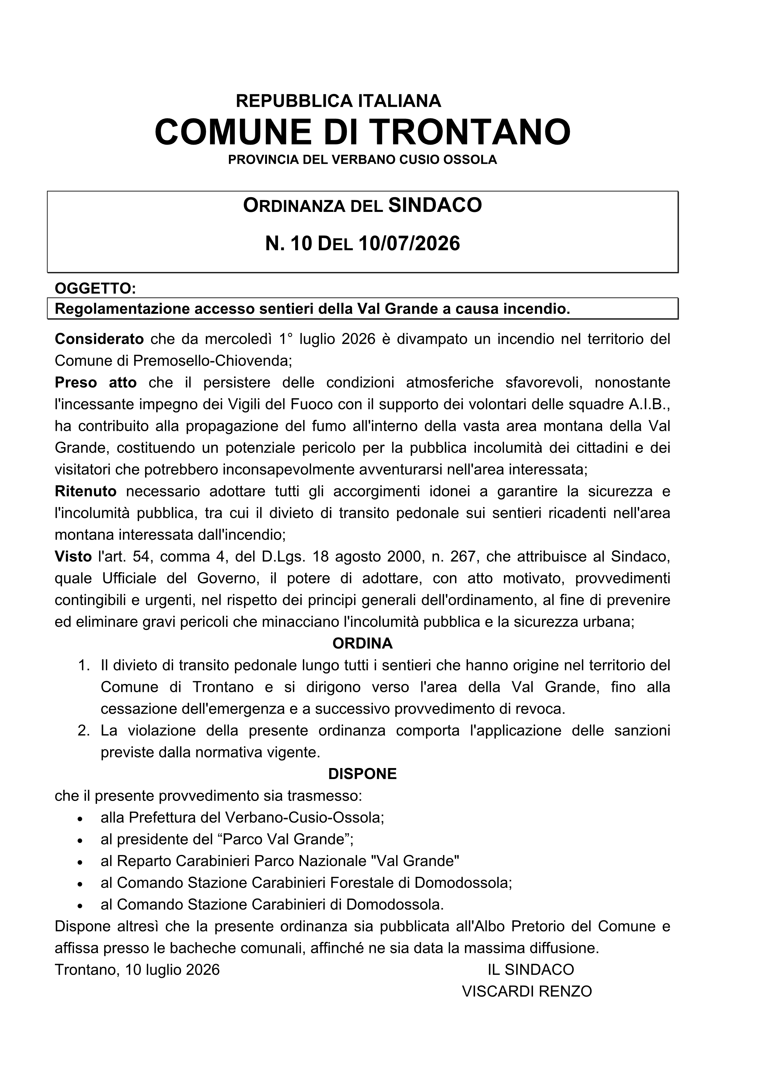 ORDINANZA DEL SINDACO N. 10 DEL 10/07/2026 avente per oggetto: Regolamentazione accesso sentieri della Val Grande a causa incendio.