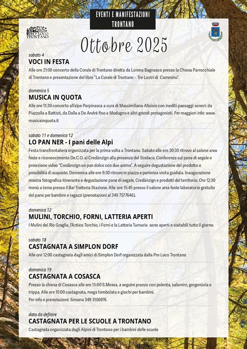 Eventi e Manifestazioni Trontano - Ottobre 2025